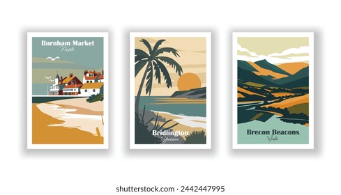 Brecon Beacons, Wales. Bridlington, Yorkshire. Burnham Market, Norfolk - Set of 3 Vintage Travel Posters. Vector illustration. High Quality Prints