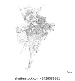 Breda city map with roads and streets, Netherlands. Vector outline illustration.