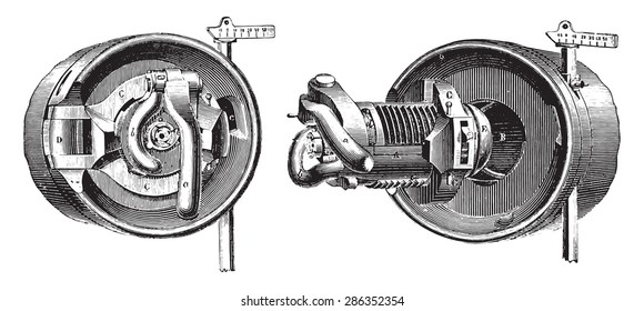 Breech mechanism interrupted screw threads (Bange System), vintage engraved illustration. Industrial encyclopedia E.-O. Lami - 1875.