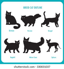 Breed Cat Silhouette Icons Set. Black And White Vector On A White Background. Bengal, Birman, Persian, Ragdoll, Maine Coon, Sphynx. 