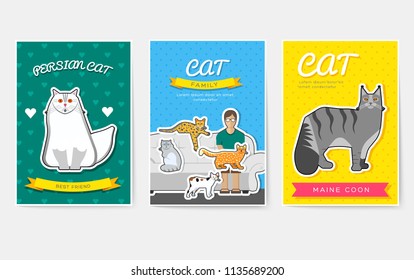 breed cats  thin line brochure cards set. Animal traditional template of flyear, magazines, posters, book cover, banners. kitten outline invitation concept background. Layout quality modern 