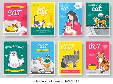 breed cats  thin line brochure cards set. Animal traditional template of flyear, magazines, posters, book cover, banners. kitten outline invitation concept background. Layout quality modern pages