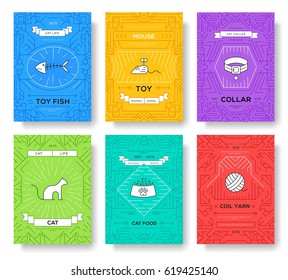 breed cats thin line brochure cards set. Animal traditional template of flyear, magazines, posters, book cover, banners. kitten outline invitation concept background. Layout quality modern pages