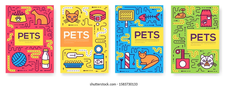 Breed cats vector brochure cards thin line set. Cute animal template of flyer, magazines, posters, book cover, banners. Layout different kitten outline illustrations modern pages