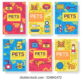 Breed cats vector brochure cards thin line set. Cute animal template of flyear, magazines, posters, book cover, banners. Layout different kitten outline illustrations modern pages