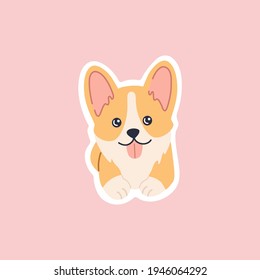 Breed corgi welsh lying sticker, kawaii funny little dog, cute face. Friendly playful little puppy character. Hand drawn trendy modern illustration in flat cartoon style, isolated on pink background