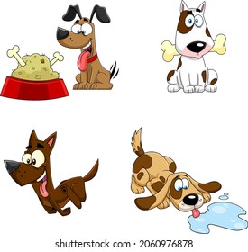 Breed Dog Cartoon Characters. Vector Hand Drawn Collection Set Isolated On White Background
