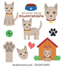 Breed Dog - Cute Illustrations in Different Poses, Sitting, Side, Head, Paw and Lying in Doghouse. Cartoon in Flat Design.