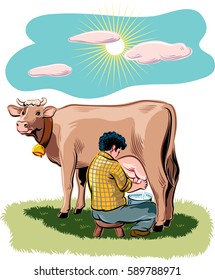 Breeder intent to milk a cow on a mountain meadow.