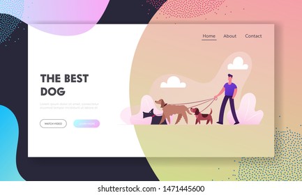 Breeder Walking with Dogs Team Website Landing Page. People Spending Time with Pets Outdoors Relaxing in Park. Leisure Care of Animals Outdoor Activity Web Page Banner Cartoon Flat Vector Illustration
