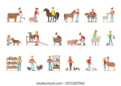 Breeding animals farmland. Farm profession worker people breeding livestock. Set of colorful cartoon detailed vector Illustrations