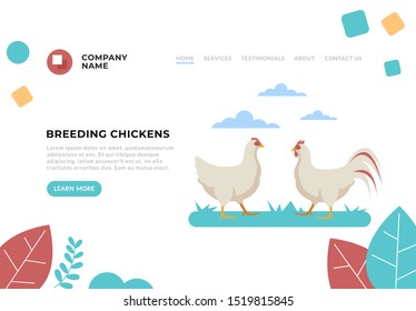 Breeding chickens farming web banner page concept. Vector flat cartoon graphic design illustration