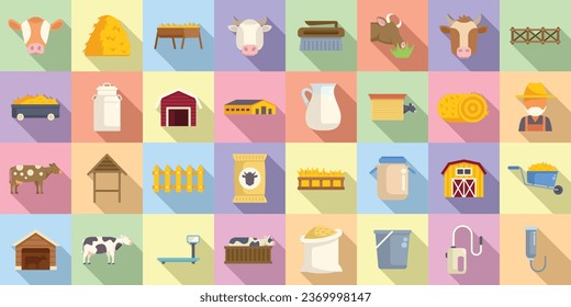 Breeding cows icons set flat vector. Cattle milk. Eat dairy animal