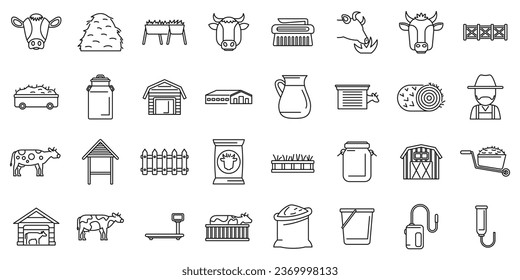 Breeding cows icons set outline vector. Cattle milk. Eat dairy animal