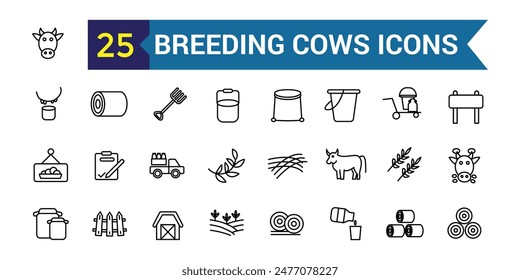 Breeding cows icons set outline vector. Dairy milk. Eat farm. Outline icon collection. Editable stroke.