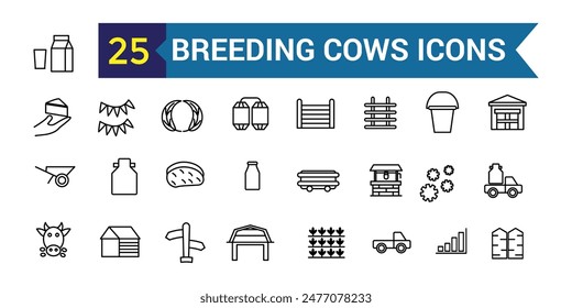 Breeding cows icons set outline vector. Dairy milk. Eat farm. Outline icon collection. Editable stroke.