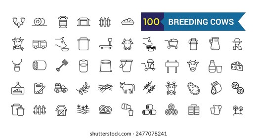 Breeding cows icons set outline vector. Dairy milk. Eat farm. Outline icon collection. Editable stroke.