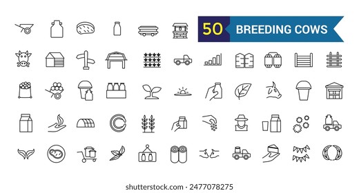 Breeding cows icons set outline vector. Dairy milk. Eat farm. Outline icon collection. Editable stroke.