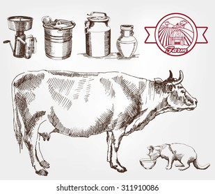 breeding cows. set of sketches made by hand