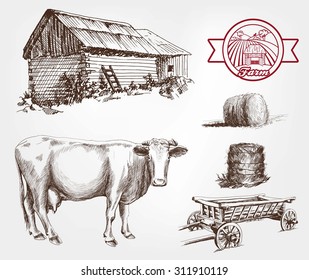 breeding cows. set of sketches made by hand