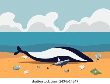 breeding whale with baby carcass stranded on beach by human waste around background