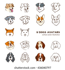 Breeds of dog head avatars. Funny cartoon style color, black and white line illustration. Vector isolated from white background. Saint Bernard, Shiba Inu, Welsh Corgi, Schnauzer. Different dogs set.