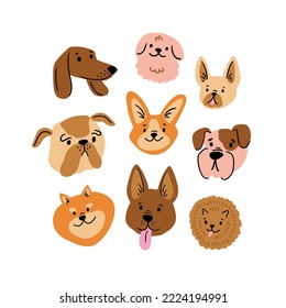 Breeds of dog vector illustration. Cute dog portrait in hand-drawn style. Dog characters sticker set.