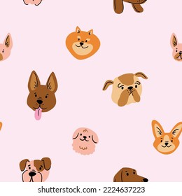 Breeds of dog vector seamless pattern. Cute dog portrait in hand-drawn style repeat background. Dog characters fabric design.