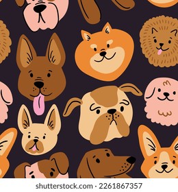 Breeds of dog vector seamless pattern. Cute dog portrait in hand-drawn style repeat background. Dog characters fabric design.