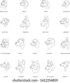 Breeds of dogs drawn in minimal style set. One line dogs. Vector illustration.