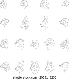 Breeds of dogs drawn in minimal style set. One line dogs. Vector illustration.