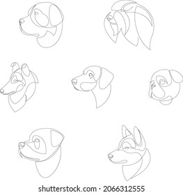 Breeds of dogs drawn in minimal style set. One line dog portrait set. Vector illustration