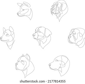 Breeds of dogs drawn in minimalist style set. One line dogs. Vector illustration.