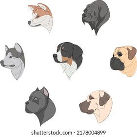 Breeds of dogs drawn in minimalist style set. One line dogs. Vector illustration.