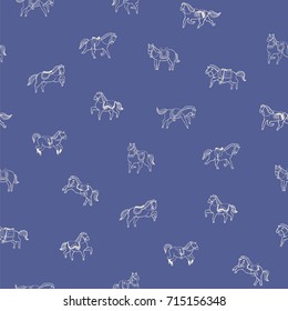 breeds of horse doodle illustration collection, vector seamless cartoon animals line pattern.