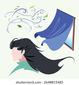 Breeze illustration set bundle. Long hair, blue window curtain, and leaves blowed by the wind drawing isolated on square background.