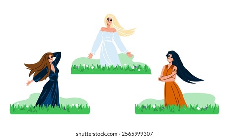 breeze woman field hair blowing vector. nature freedom, beauty elegance, empowerment grace breeze woman field hair blowing character. people flat cartoon illustration