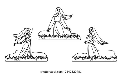 breeze woman field hair blowing vector. nature freedom, beauty elegance, empowerment grace breeze woman field hair blowing character. people black line pencil drawing illustration