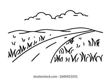 
Breezy road through open field. line art flat vector illustration
