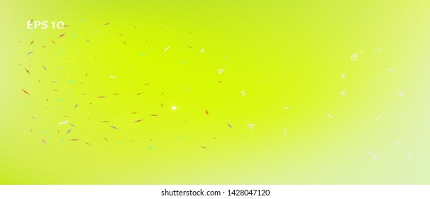 Breezy space and signs confetti. Background texture. Signs colorific illustration. Remarkable Ultra Wide universe background. Colorful breezy abstraction. Green colored.