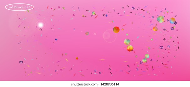 Breezy space and signs confetti. Colorful colorific illustration. Background light. Ultra Wide background texture. Colorful cool abstraction. Pink colored main theme.