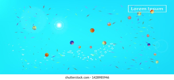 Breezy space and signs confetti. Signs colorific illustration. Background blend. Wonderful colored background space Ultra Wide. Colorful net abstraction. Azure main theme.