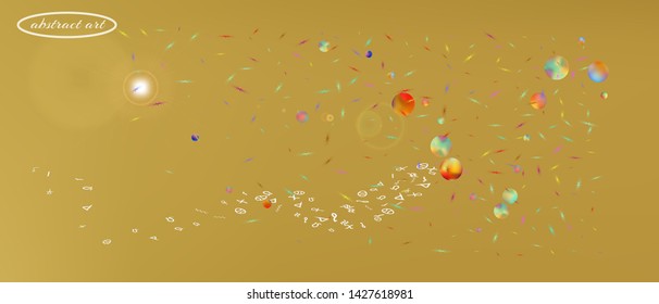 Breezy space and signs confetti. Liquid colorific illustration. Background blend. Wonderful colored background space Ultra Wide. Colorful recent abstraction. Gold colored.