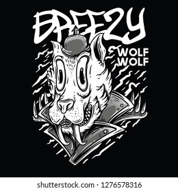 Breezy Wolf Black and White Illustration