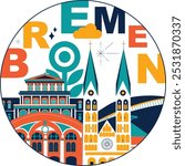 Bremen culture travel set, video split screen, famous architecture in flat design. Business travel, tourism concept clipart. Image for presentation, banner, website, advert, flyer, roadmap, icon