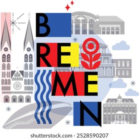 Video Conjunto de viajes de la cultura de Bremen, pantalla dividida, arquitectura famosa en diseño plano. Viajes de negocios, Clipart de concepto turístico. Imagen para presentación, Anuncio, Sitio web, anuncio, volante, hoja de ruta, icono