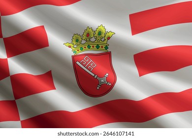 Bandeira de Brema acenando ao vento, textura de seda detalhada e realista. Estado da Alemanha