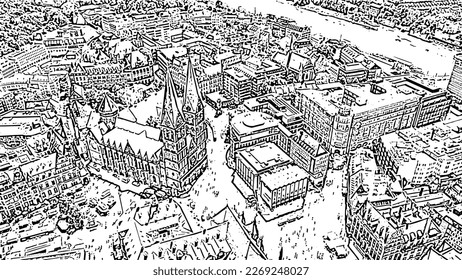 Bremen, Germany. Bremen Cathedral. From Bremen Market Square ( Bremer Marktplatz ), to the Bremen Schnoor ( Schnoorviertel ). Doodle sketch style. Aerial view