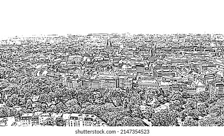 Bremen, Germany. The historic part of Bremen, the old town. Bremen Cathedral ( St. Petri Dom Bremen ). Doodle sketch style. Aerial view