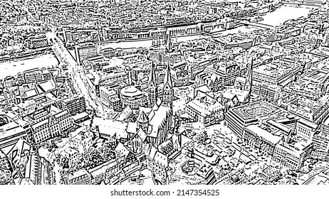 Bremen, Germany. The historic part of Bremen, the old town. Bremen Cathedral ( St. Petri Dom Bremen ). Doodle sketch style. Aerial view